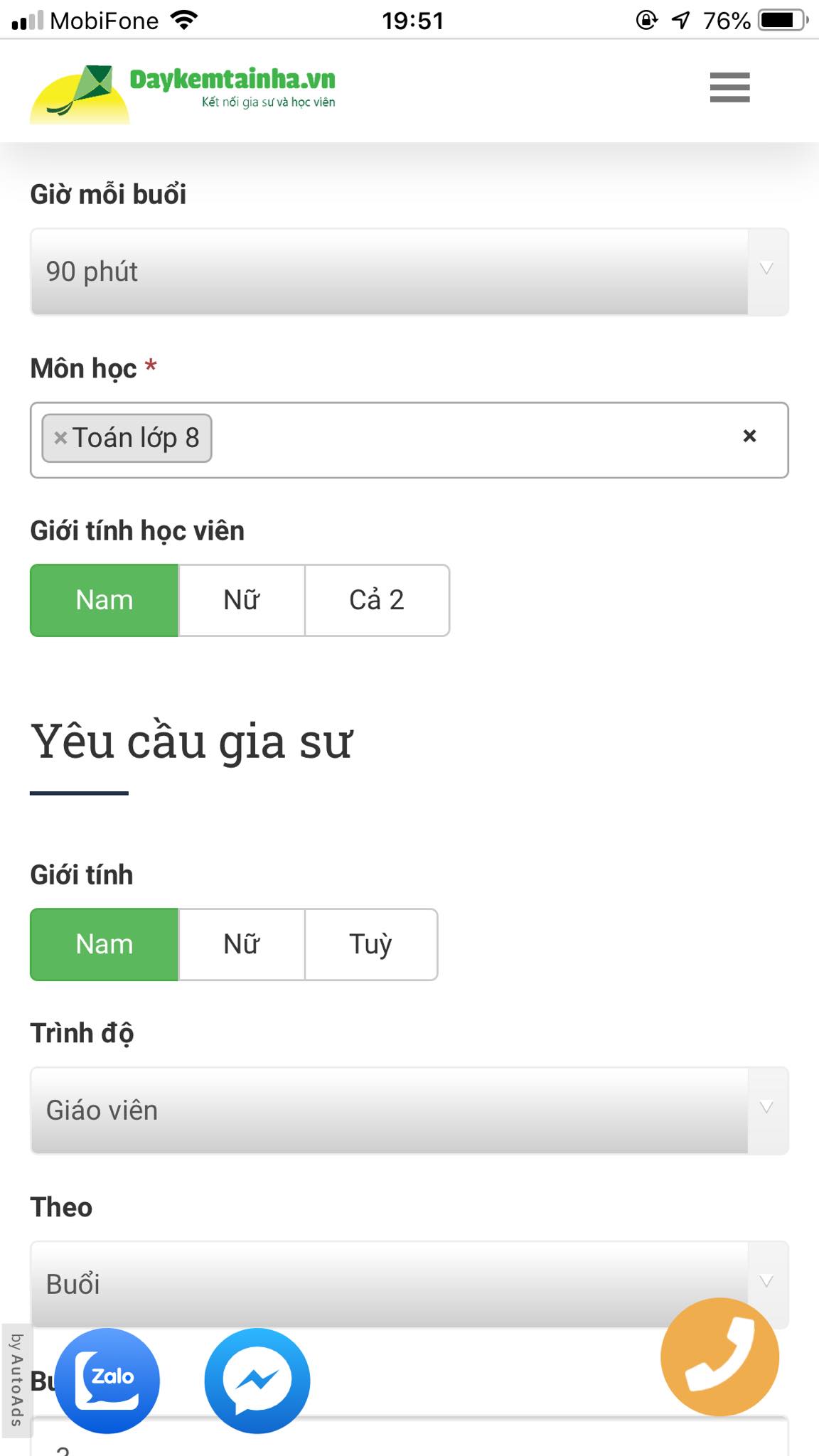 Học phí Toán lớp 8